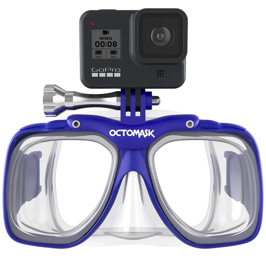 Blue scuba diving mask with attached GoPro Hero camera for perfect mask fit and recording