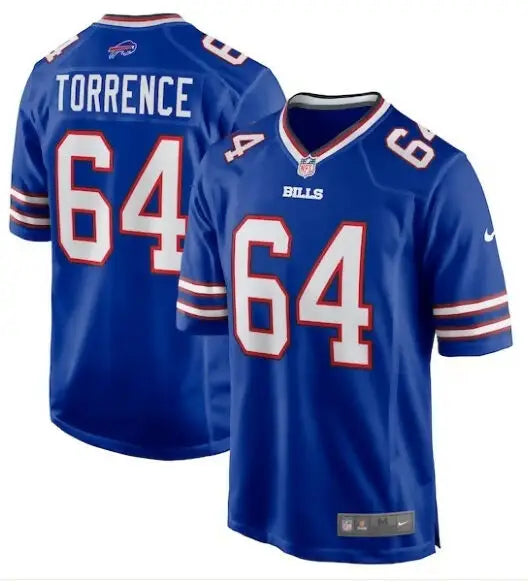 Blue Buffalo Bills Nike Home Game Jersey with number 64 and TORRENCE on the back