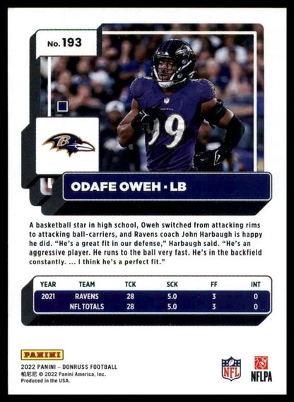 Odafe Oweh football card from 2022 Donruss Baltimore Ravens series