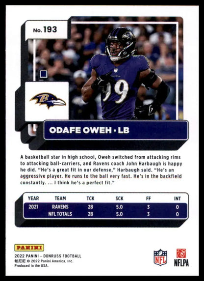 Odafe Oweh football card from 2022 Donruss Baltimore Ravens series