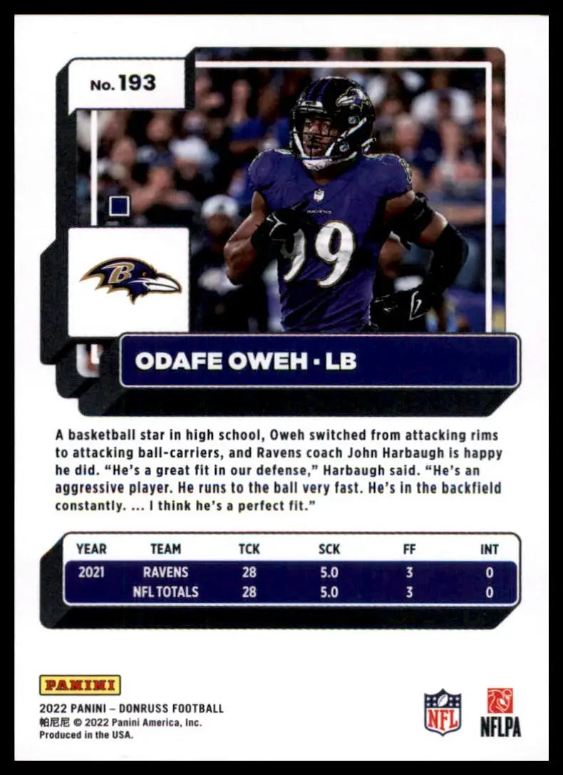 Odafe Oweh football card from 2022 Donruss #193 Baltimore Ravens collection
