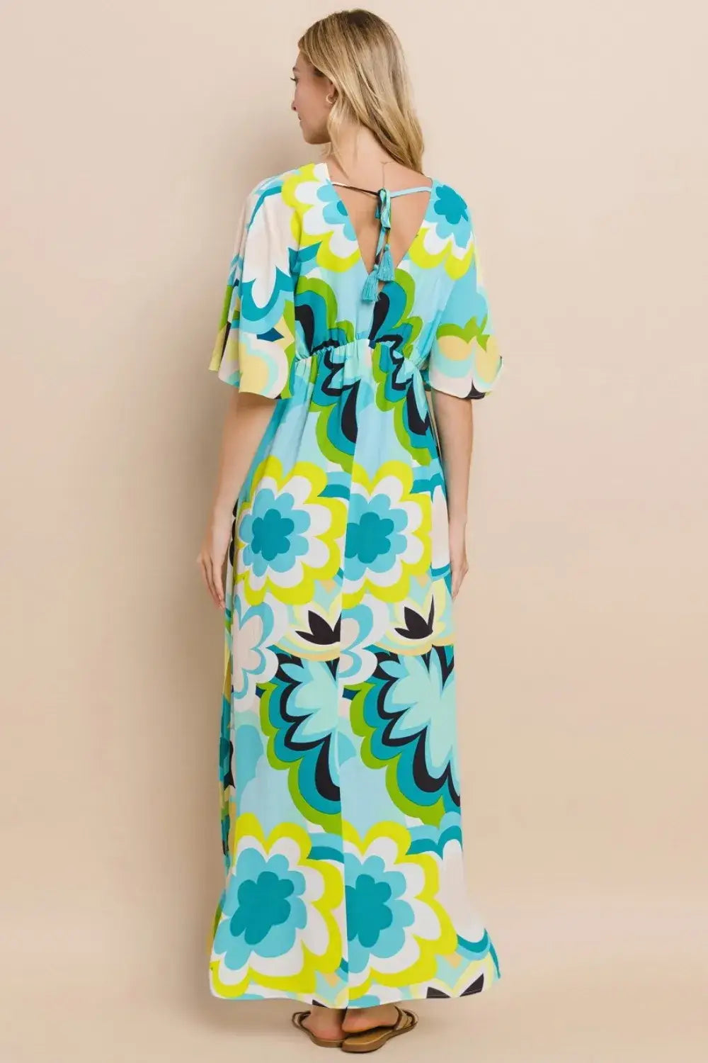 Blue and green floral printed slit maxi dress with a keyhole neckline from ODDI