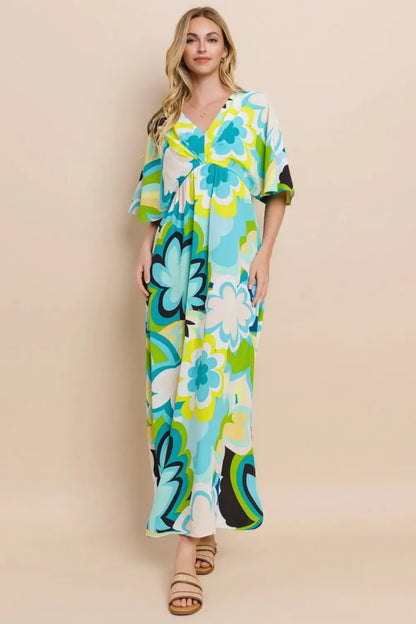 ODDI Floral Printed Slit Maxi Dress with vibrant blue and green floral print