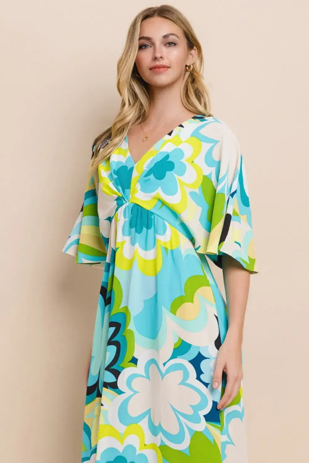 ODDI Floral Printed Slit Maxi Dress in blue and green with ruffled sleeves