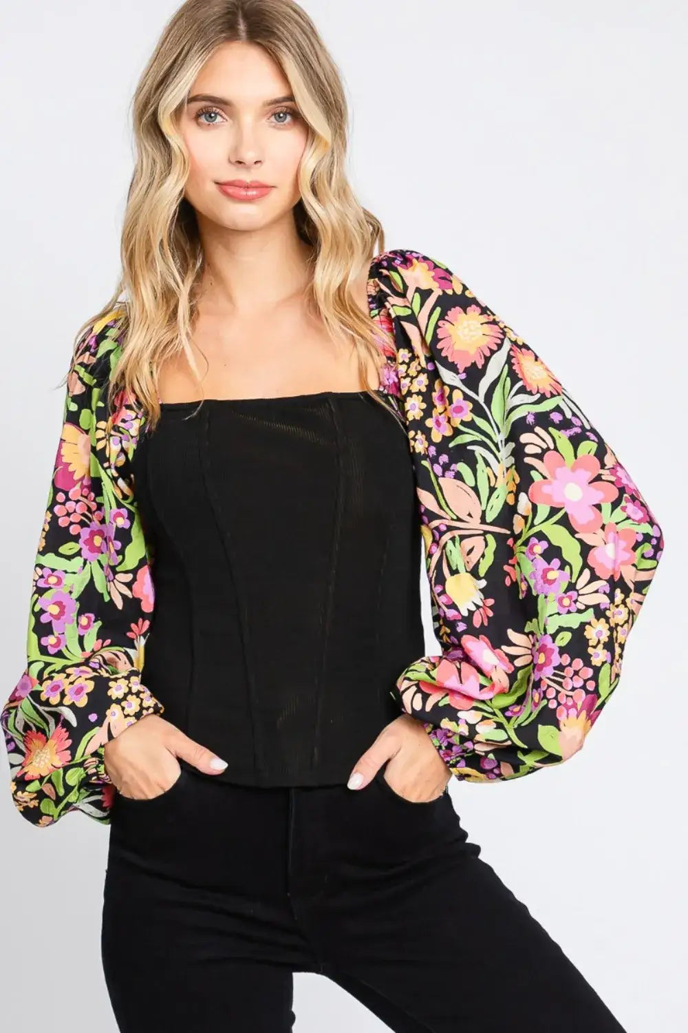 ODDI Full Size Floral Balloon Sleeve Blouse - Black / S