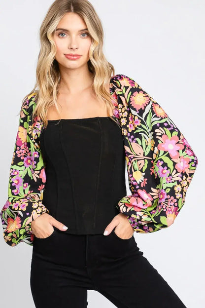 ODDI Full Size Floral Balloon Sleeve Blouse - Black / S