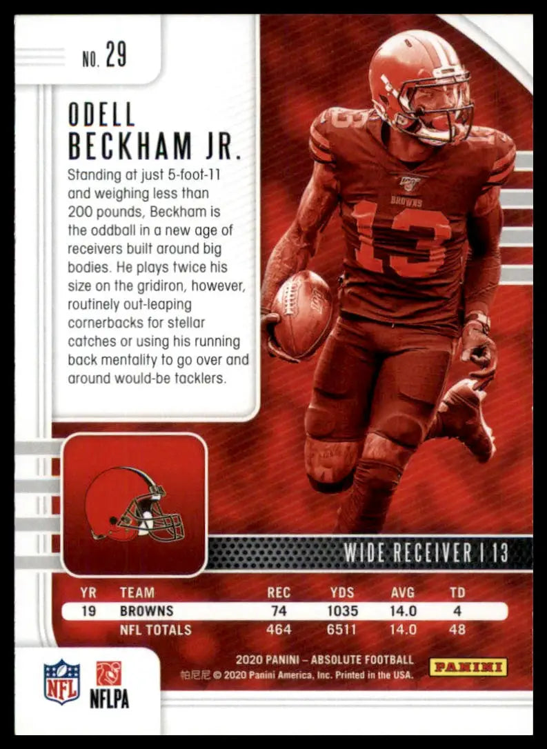 Collectible Odell Beckham Jr. 2020 Panini Absolute football trading card with career stats