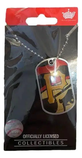 Dog tag necklace with baseball team logo in red and yellow, licensed MLB accessory