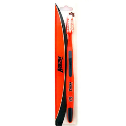 Bright orange NCAA toothbrush for team spirit with black accents and soft bristles