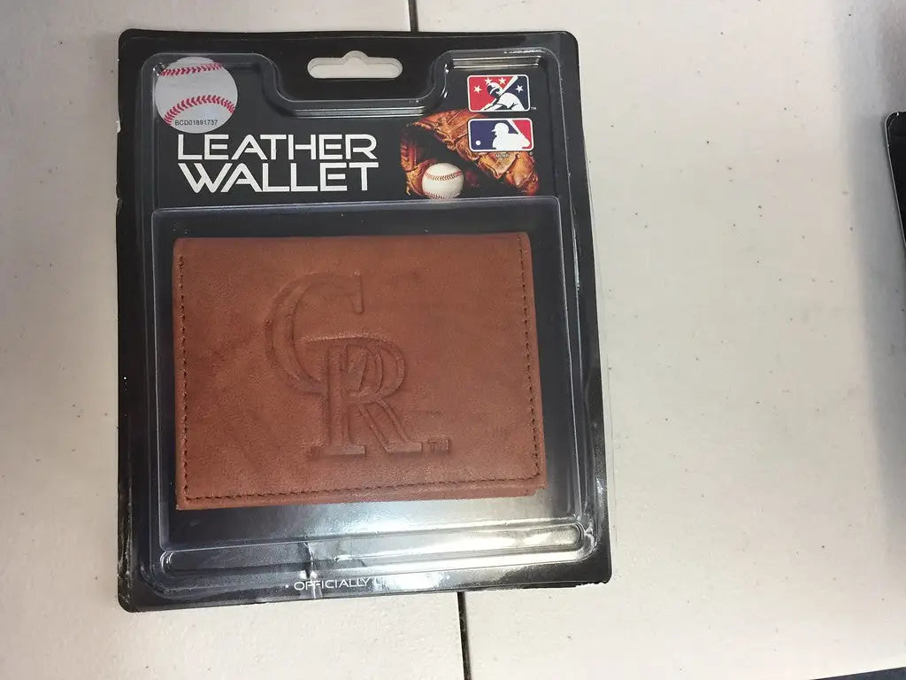 Leather wallet with logo embossed Colorado Rockies in retail packaging for MLB fans