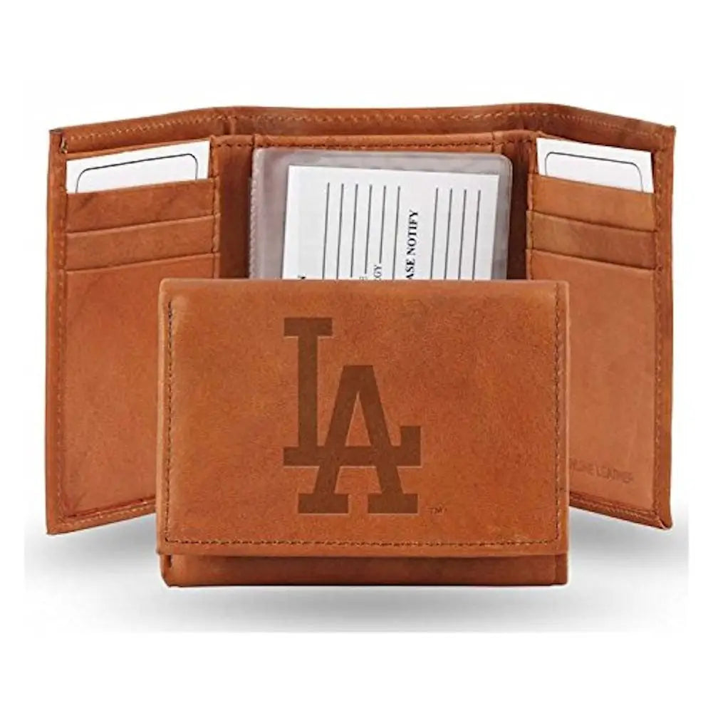 Brown leather trifold wallet with LA logo embossed, perfect for baseball and trading cards