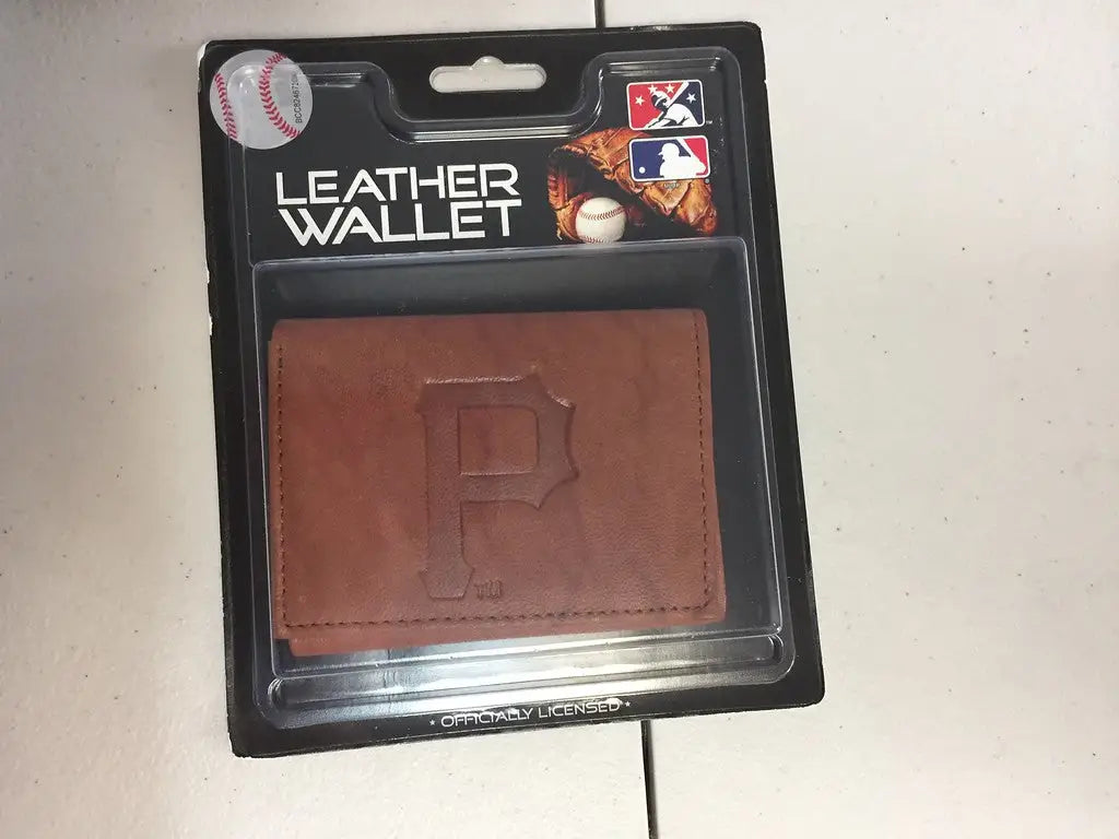 Brown leather wallet with logo embossed P in packaging for baseball cards and trading cards