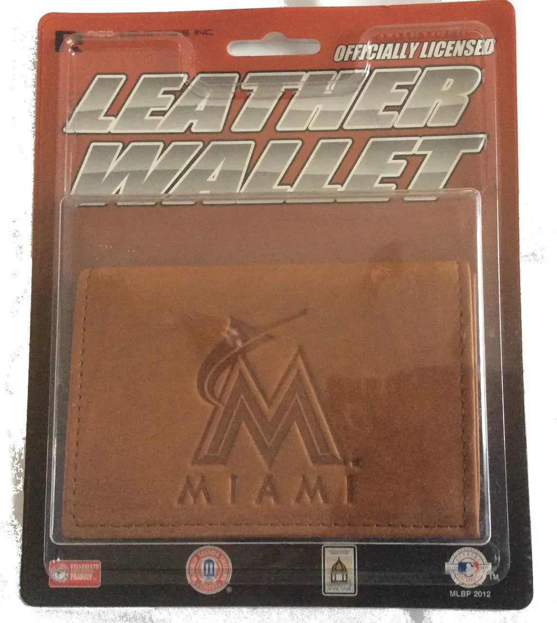 Leather wallet with Miami Marlins logo embossed, perfect for baseball cards and trading cards