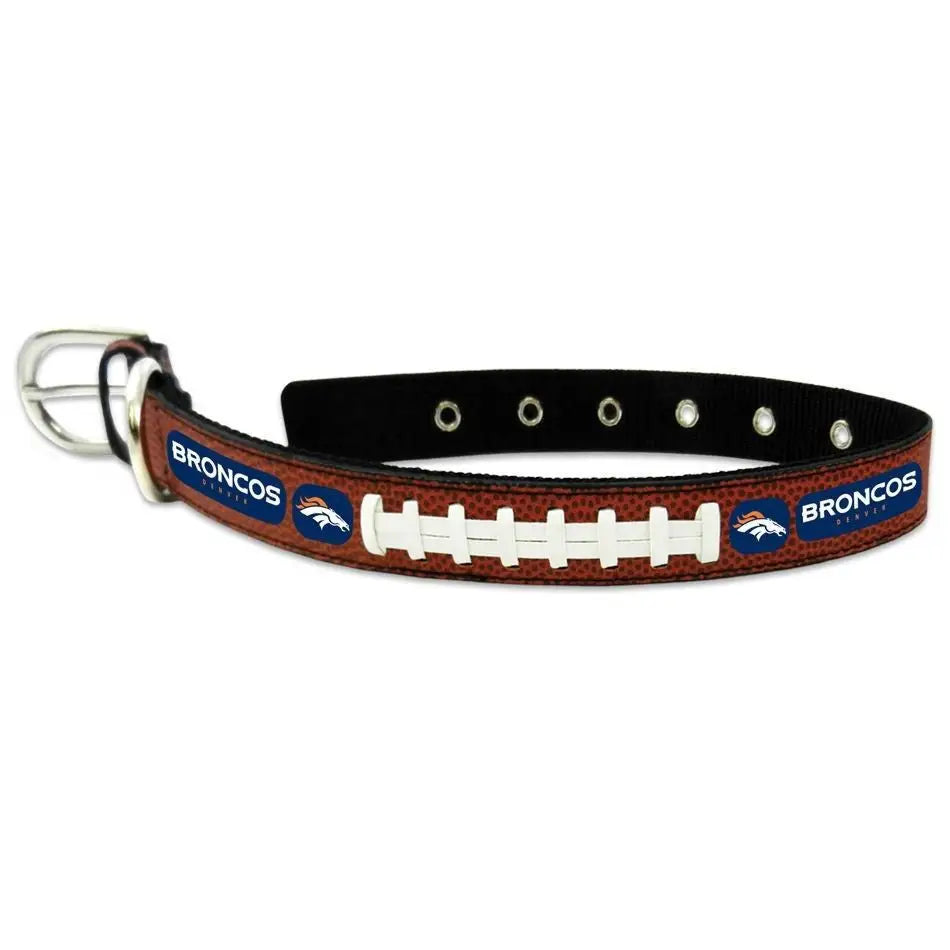 Officially licensed Denver Broncos leather pet collar with football lacing design