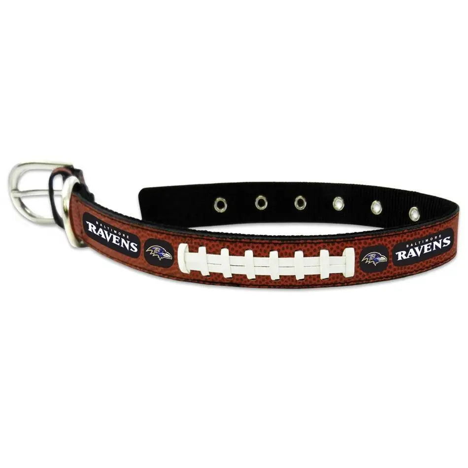 Officially licensed Baltimore Ravens leather pet collar featuring a football design