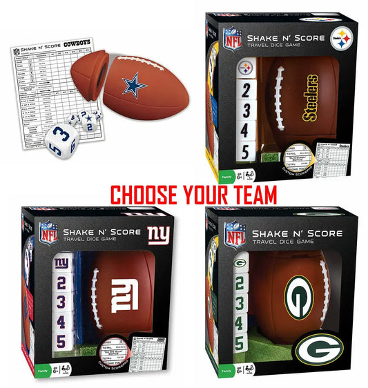 NFL Shake n Score dice game sets featuring team logos and football designs