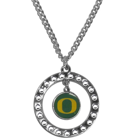 Circular pendant necklace with Oregon Ducks logo and rhinestones, officially licensed NCAA jewelry