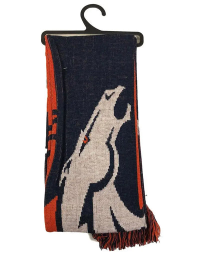 Knitted scarf with wolf design and orange accents, officially licensed NFL colorblock big logo