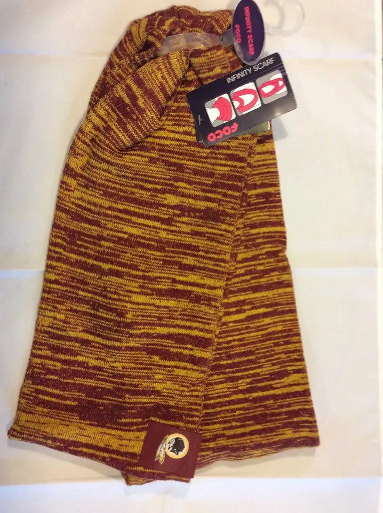 Knit beanie in yellow and burgundy with Washington Redskins logo for NFL colorblock infinity scarf