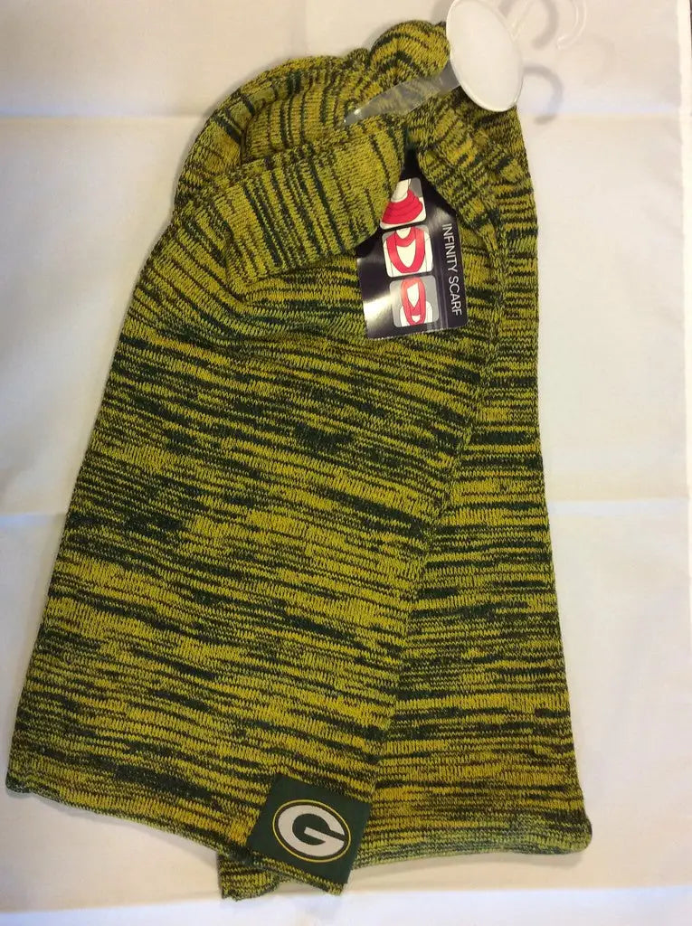 Green and yellow knit beanie with Green Bay Packers logo for Officially Licensed NFL Colorblock Infinity Scarf