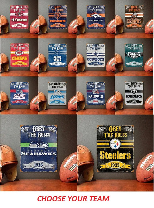 Collection of NFL metal signs featuring team logos and slogans with footballs