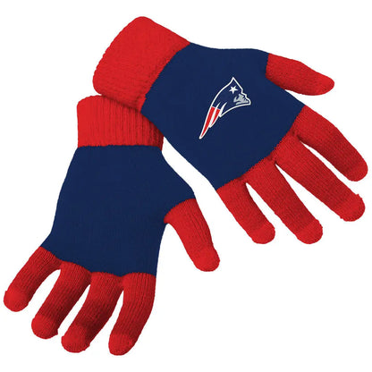 Officially licensed NFL knit colorblock gloves in red and blue with New England Patriots logo