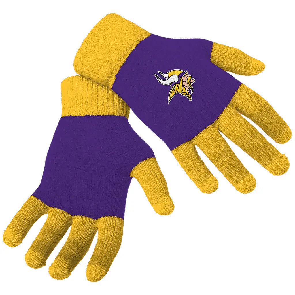 Officially licensed NFL Knit Colorblock Gloves in Minnesota Vikings purple and gold