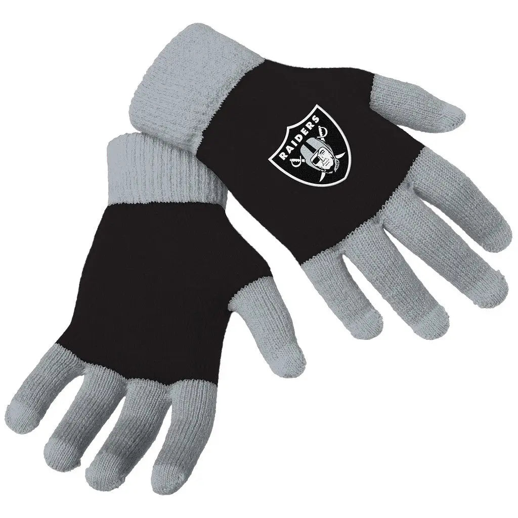 Officially licensed NFL Knit Colorblock gloves in black and gray with Oakland Raiders logo