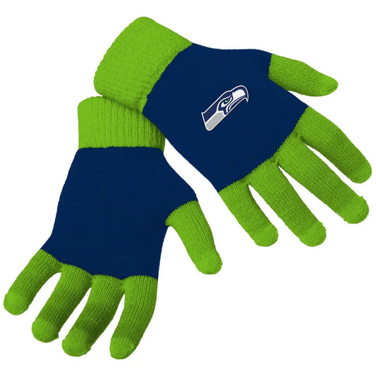 Officially licensed NFL Knit Colorblock Gloves featuring Seattle Seahawks logo in green and blue