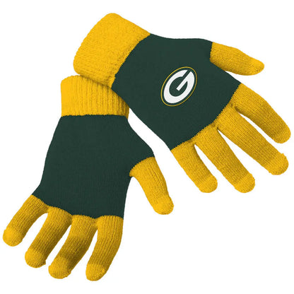 Officially licensed NFL Knit Colorblock Gloves featuring Green Bay Packers team logo