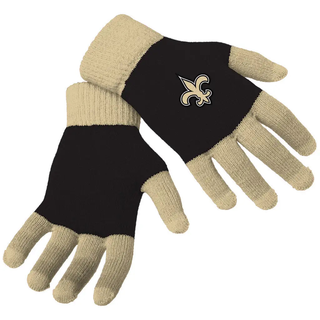 Pair of black and tan NFL Knit Colorblock Gloves with New Orleans Saints logo