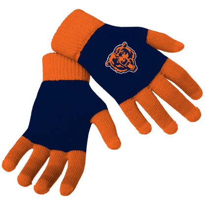 Officially Licensed NFL Knit Colorblock Gloves in Orange and Navy with Chicago Bears Logo