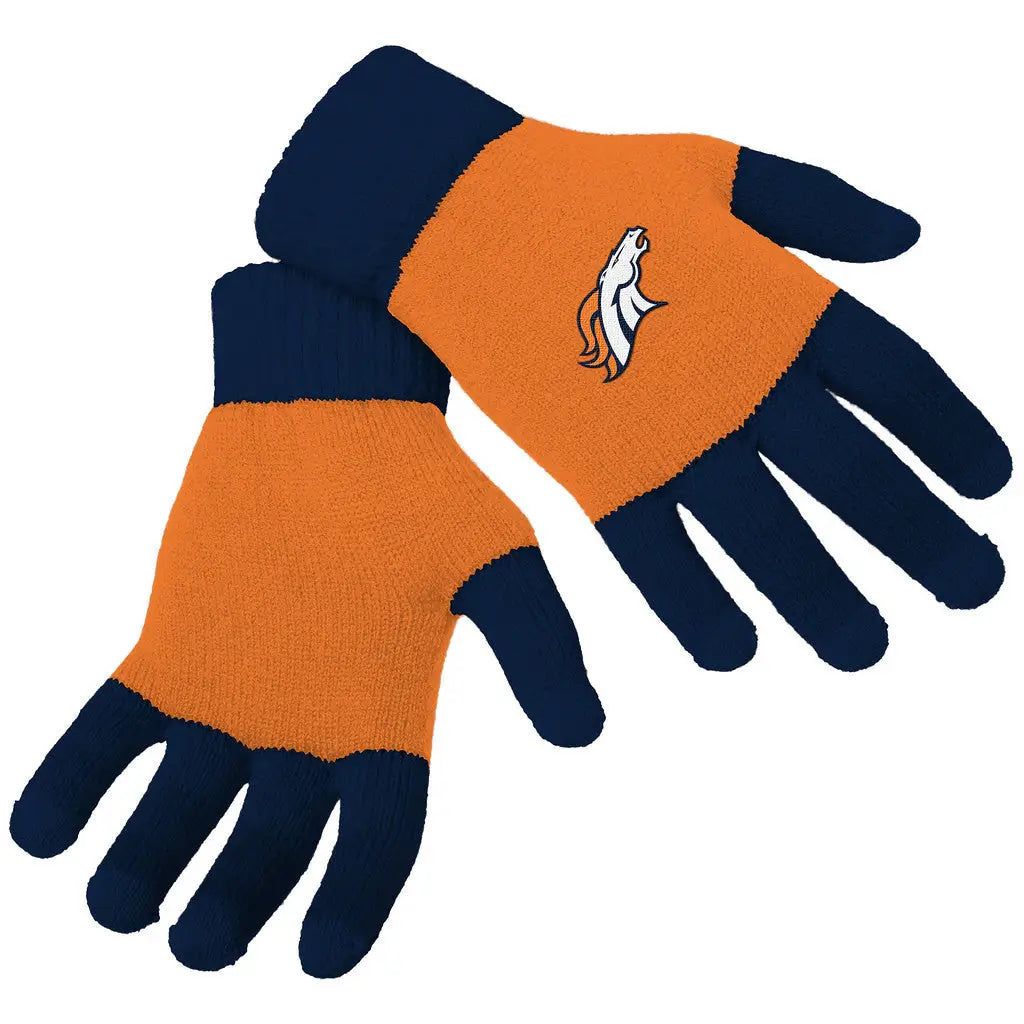 Officially Licensed NFL Knit Colorblock Gloves in orange and navy blue with logo