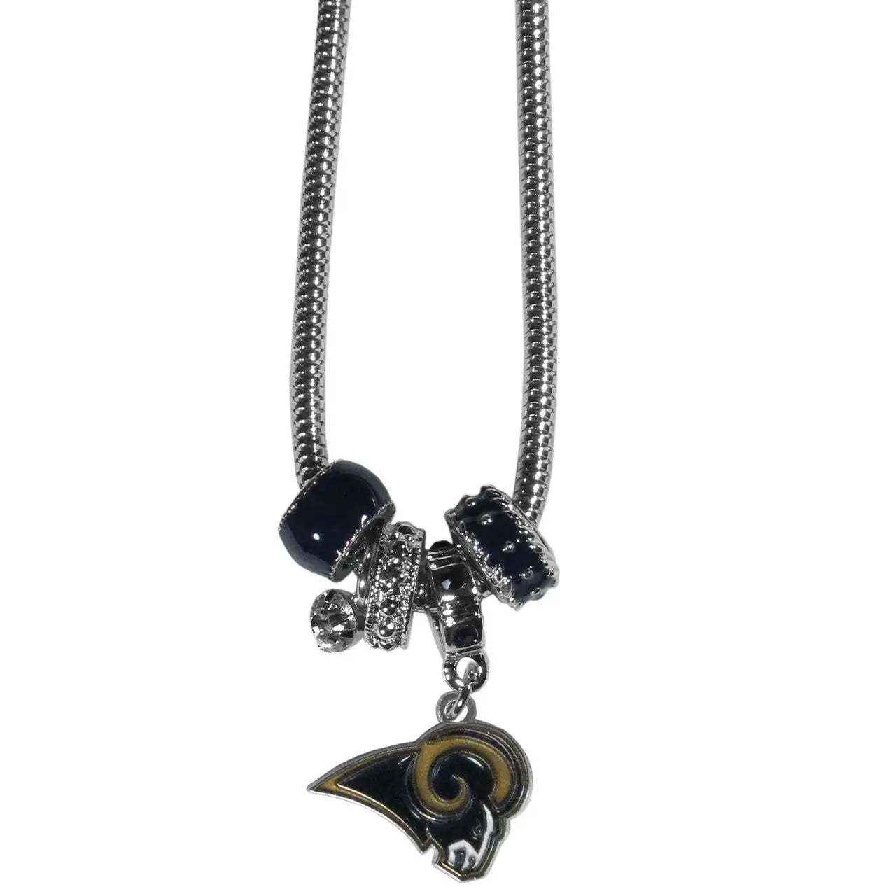 Bead necklace featuring Los Angeles Rams logo charm and decorative beads for NFL fans
