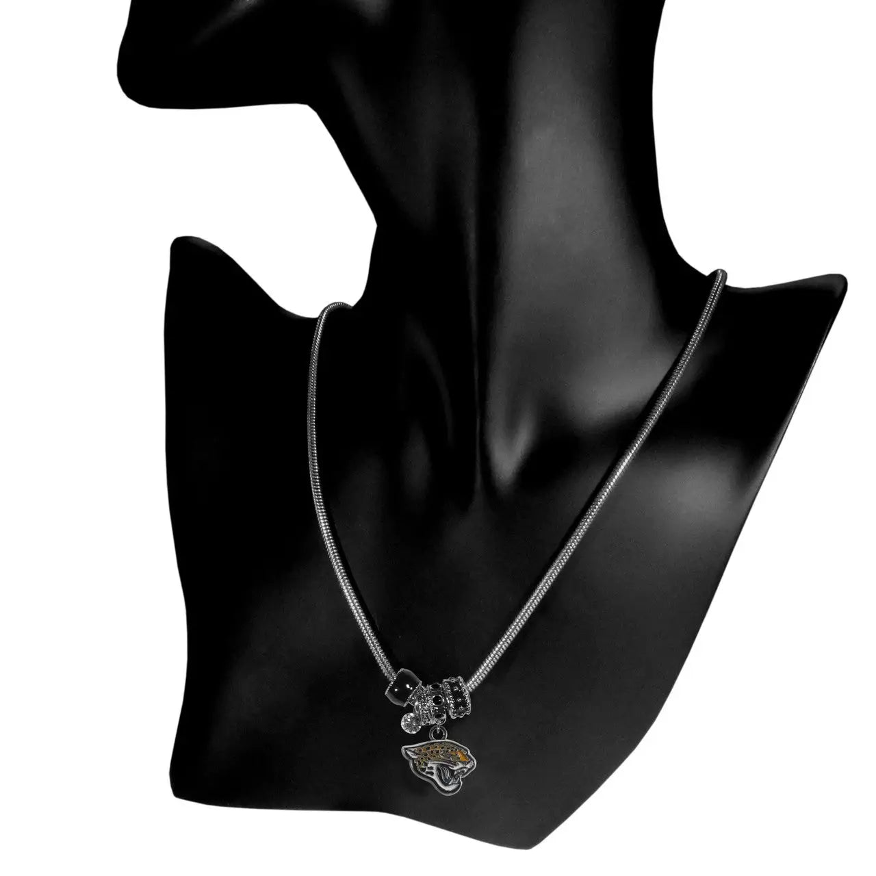 Officially Licensed NFL Team Euro Bead Necklace with pendant charms on black bust display