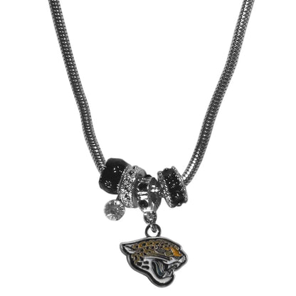 Silver bead necklace featuring Jacksonville Jaguars logo charm and decorative beads