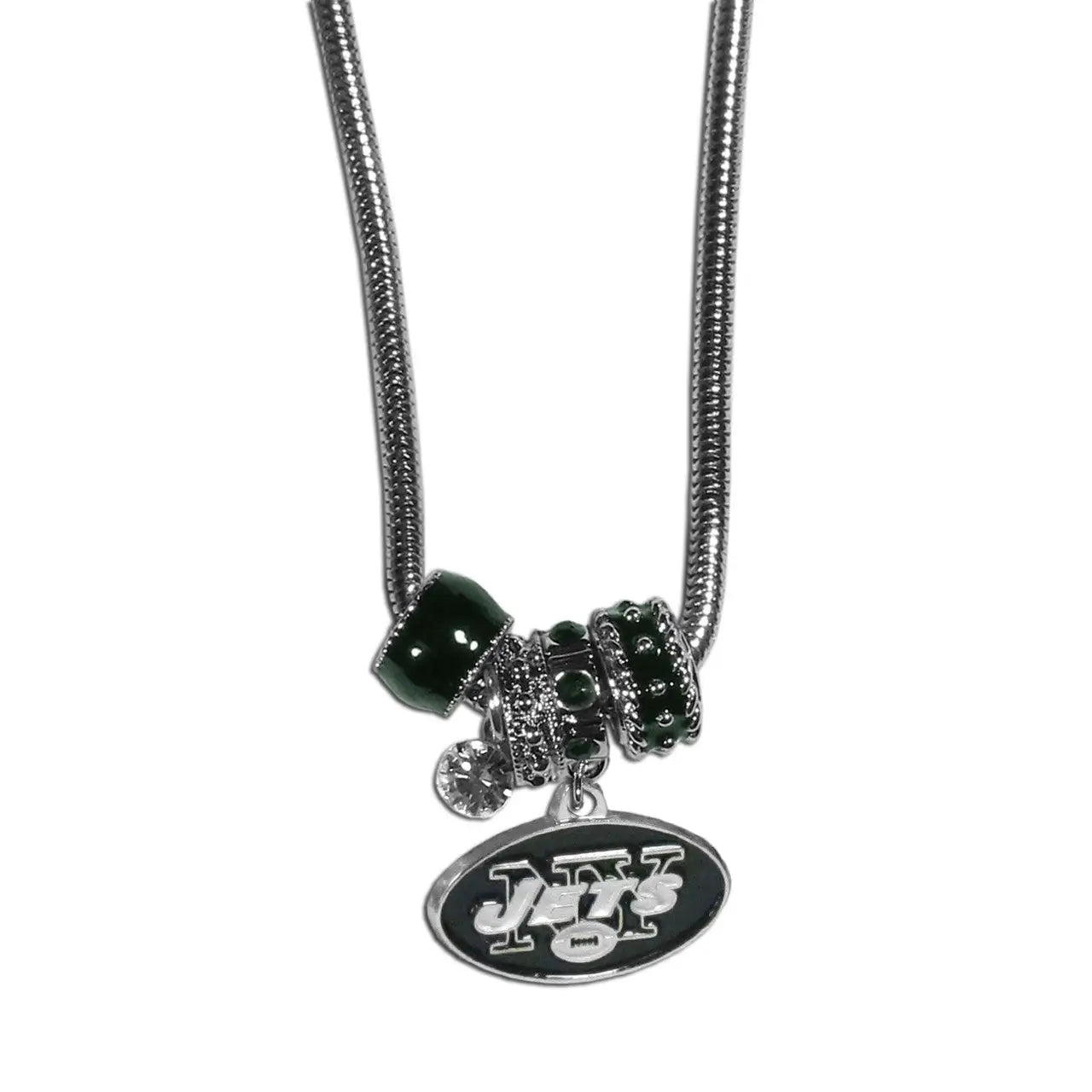 New York Jets logo charm bead necklace with decorative beads on a snake chain