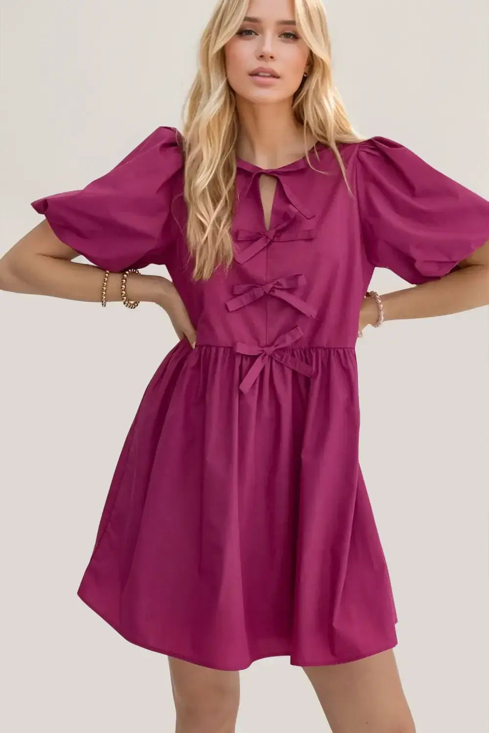 Oh Bow Ruched Puff Sleeve Mini Dress - Puff Sleeve Mini Dress