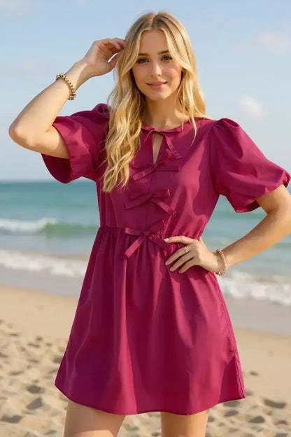 Oh Bow Ruched Puff Sleeve Mini Dress - Cerise / S - Puff Sleeve Mini Dress