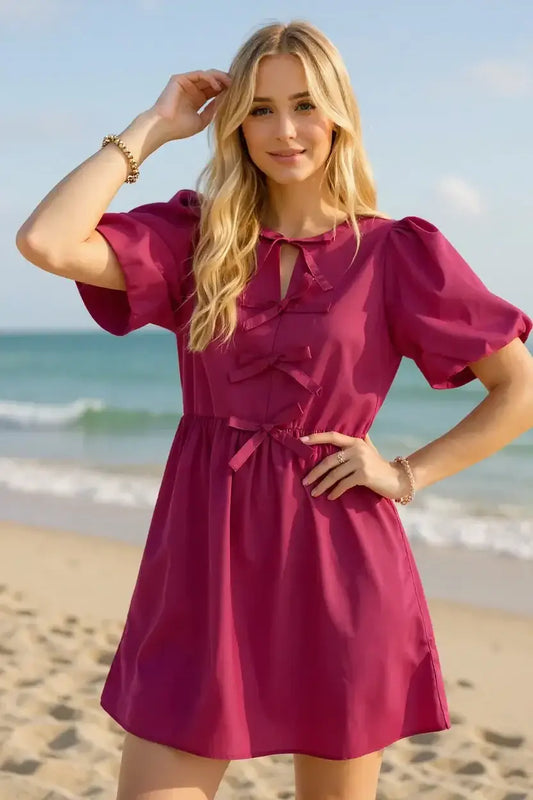 Oh Bow Ruched Puff Sleeve Mini Dress - Cerise / S - Puff Sleeve Mini Dress