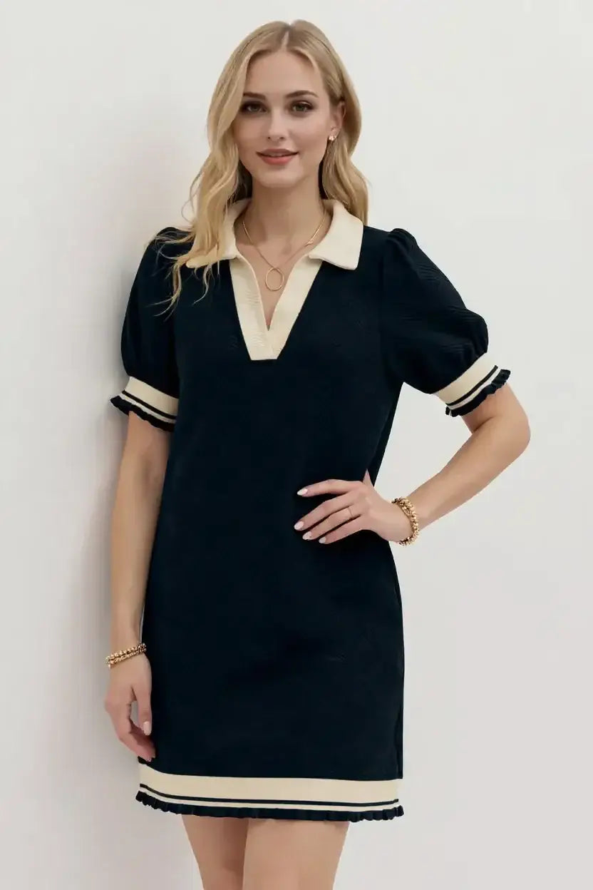 Oh Frill Contrast Trim Johnny Collar Short Sleeve Mini Dress - Women/Dresses