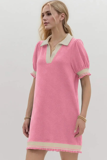 Oh Frill Contrast Trim Johnny Collar Short Sleeve Mini Dress - Women/Dresses