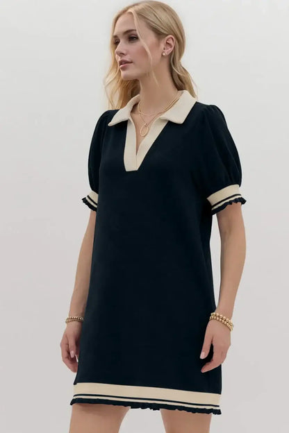 Oh Frill Contrast Trim Johnny Collar Short Sleeve Mini Dress - Women/Dresses