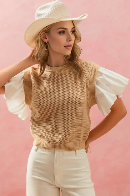 Oh Full Size Ruffled Round Neck Short Sleeve Sweater - Camel / S - Short Sleeve Sweater