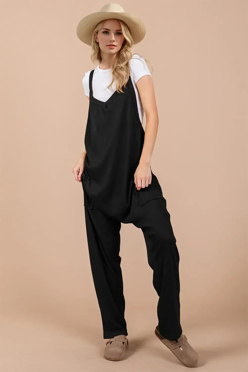 Oh Full Size V-Neck Wide Strap Overalls with Pockets - Black / S - Overalls with Pockets