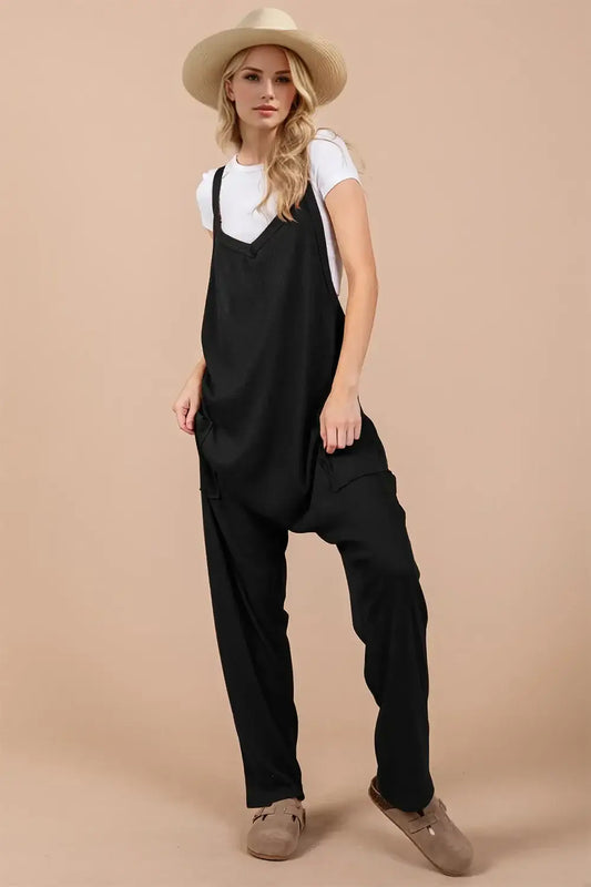 Oh Full Size V-Neck Wide Strap Overalls with Pockets - Black / S - Overalls with Pockets