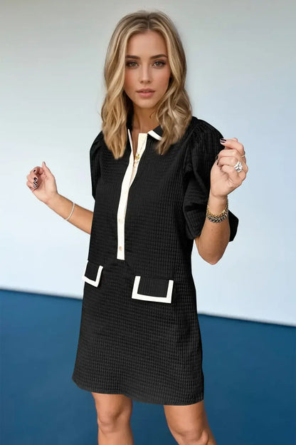 Oh Textured Half Button Puff Sleeve Dress - Black / S - Women/Dresses