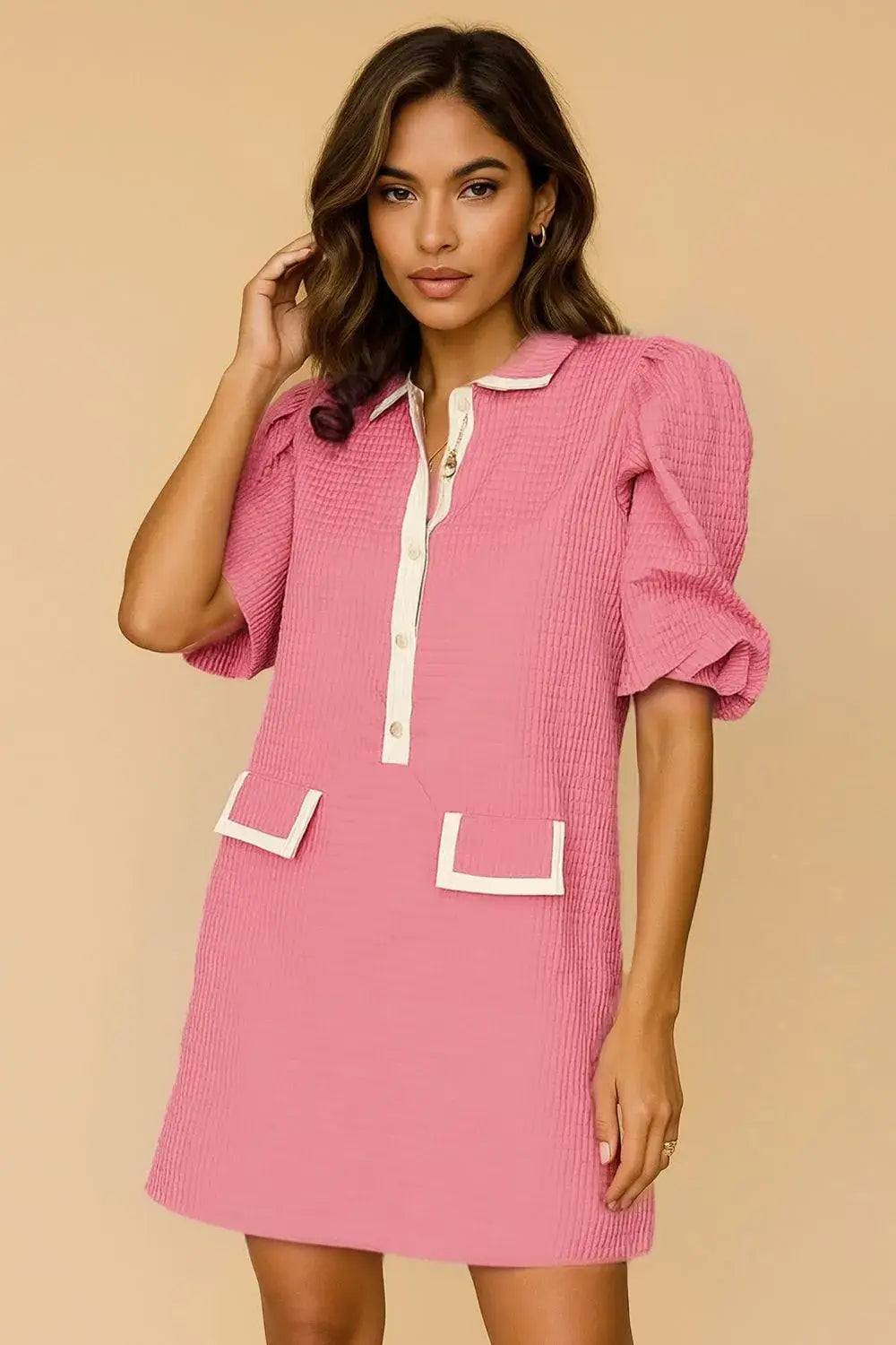 Oh Textured Half Button Puff Sleeve Dress - Pink / S - Women/Dresses