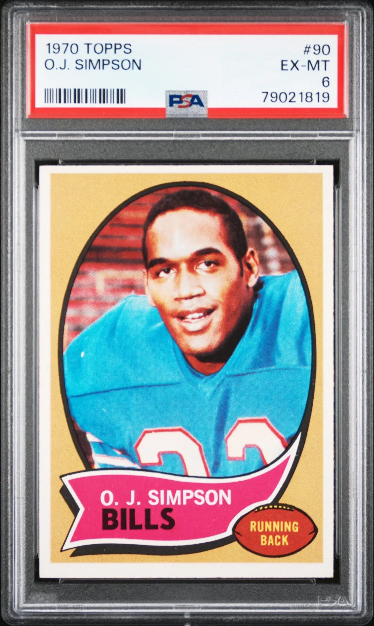 PSA-graded 1970 Topps Buffalo Bills OJ Simpson football card in protective case