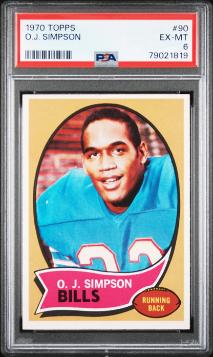 PSA-graded 1970 Topps Buffalo Bills OJ Simpson football card in protective case